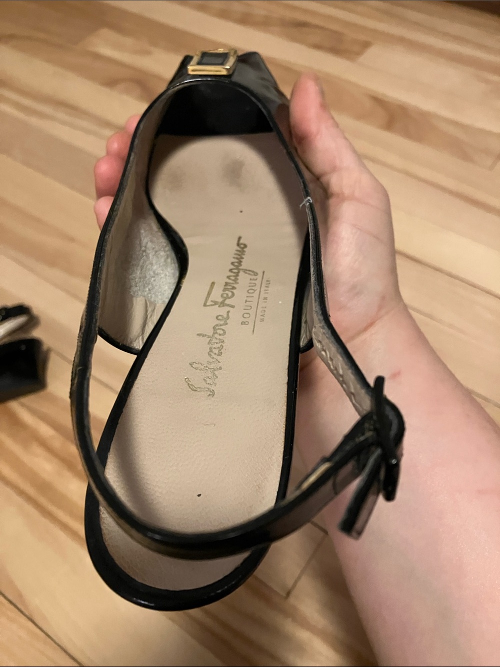 Salvatore Ferragamo Black Patent Slingback Peep-toe Pumps with Gold Buckle - Picture 7 of 15